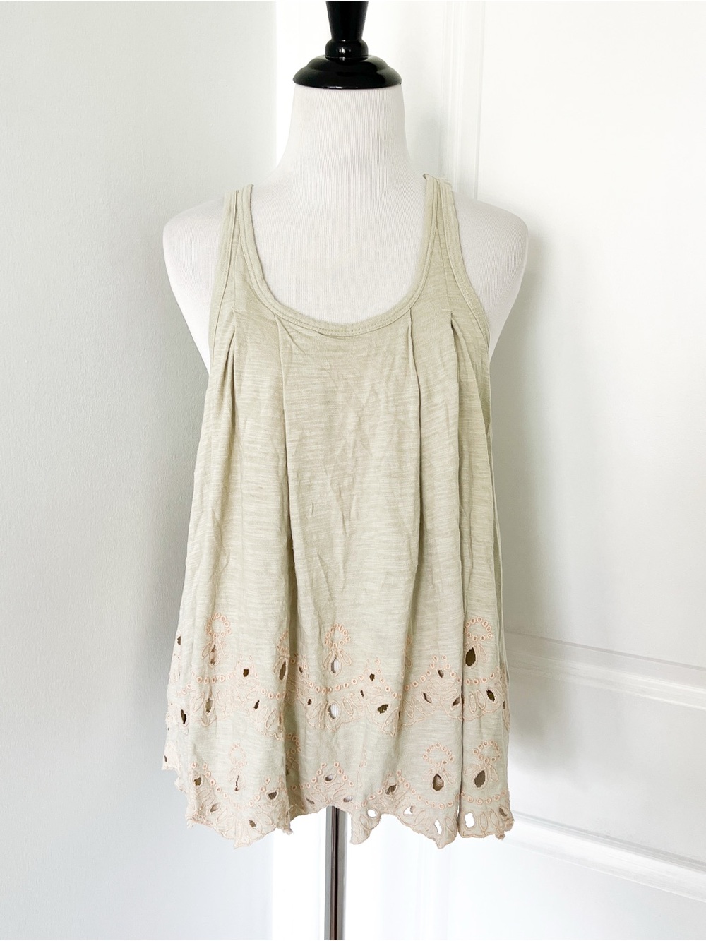 Free People Light Green and Pink Eyelet Trim Sleeveless Tank - Small